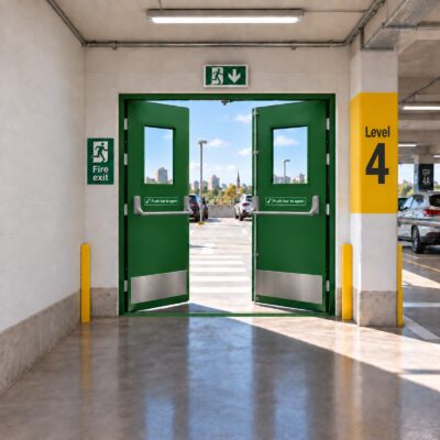 A green double fire exit door in a car park