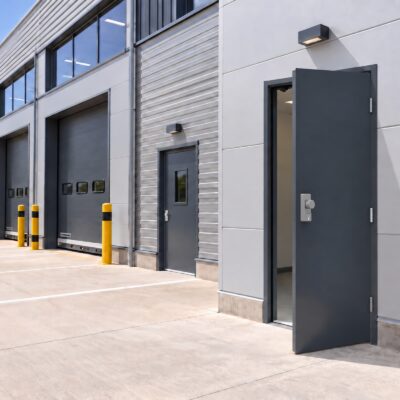 Two Anthracite Grey Latham's Fire Exit Doors