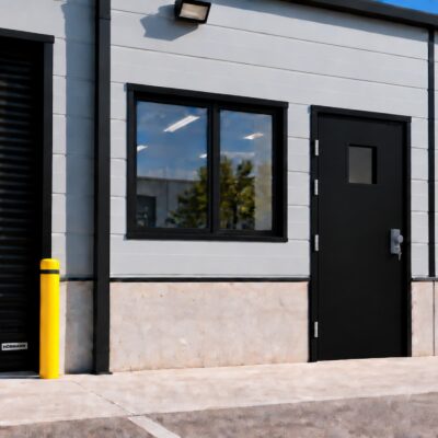 A jet black security fire exit door in a steel building