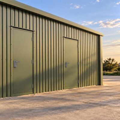 A wide shot of two Latham's juniper green fire exit doors