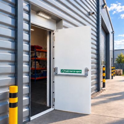 A Latham's White Fire Exit Door installed in a warehouse building