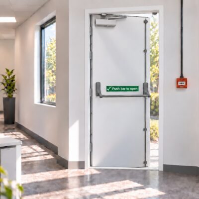 A Latham's white security fire exit door in an office building.