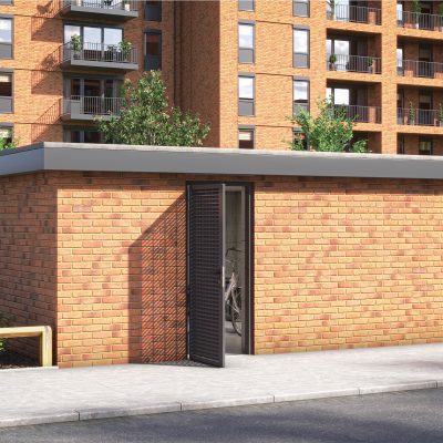 Lathams Fully Louvred Door CG Example Outside Bike Store