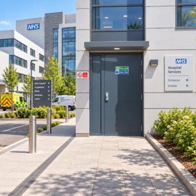 An Anthracite grey security fire exit door installed in an NHS site
