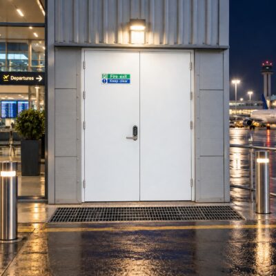 A Latham's white double fire exit door fitted with a code lock