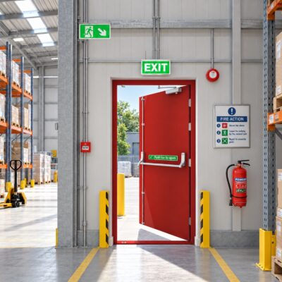 A Traffic red security fire exit door installed in a warehouse