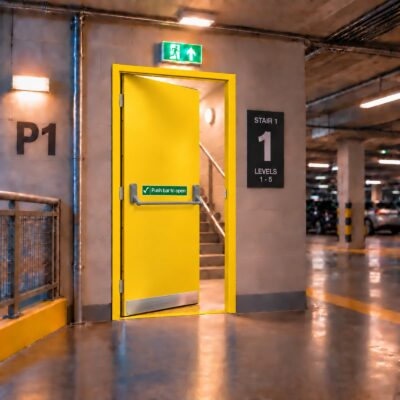 A Latham's Traffic Yellow Fire Exit Door in a car park