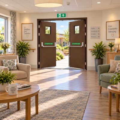 A brown double fire exit door installed in a care home.