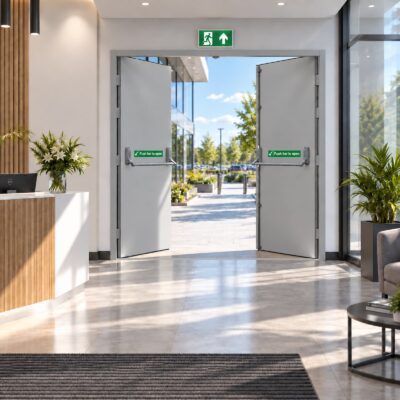 A white double fire exit door for a reception.