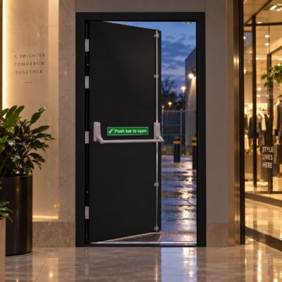 An open black Security Steel Hinged Emergency Exit Door in a shopping centre