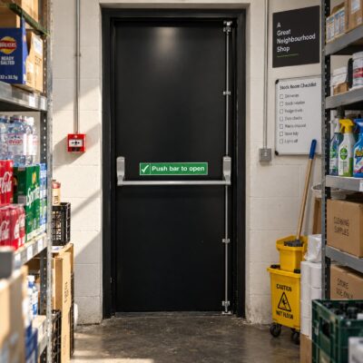 A black Security Steel Hinged Emergency Exit Door