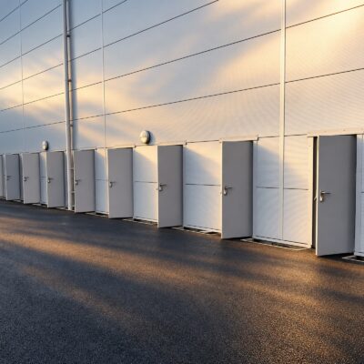 A row of white emergency exit doors with OAD's