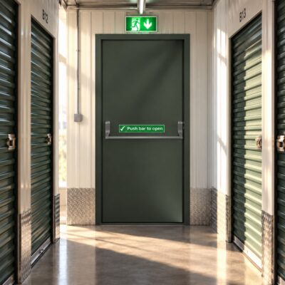 A green emergency exit door in a storage facility