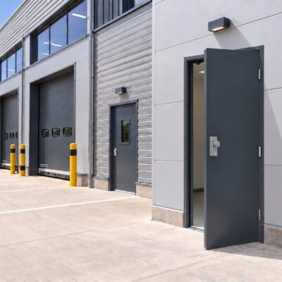 Two grey emergency exit doors with an OAD and glazed panel