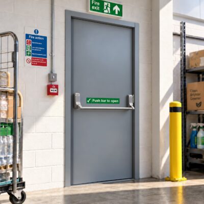 A light grey emergency exit door