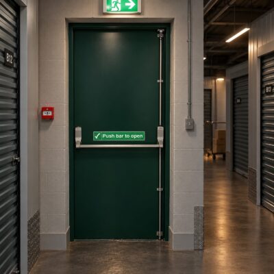 A green Security Steel Hinged Emergency Exit Door in a logistics centre