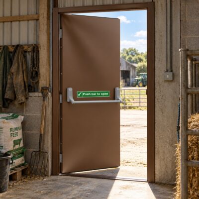 A van dyke brown emergency exit door in a farm storehouse
