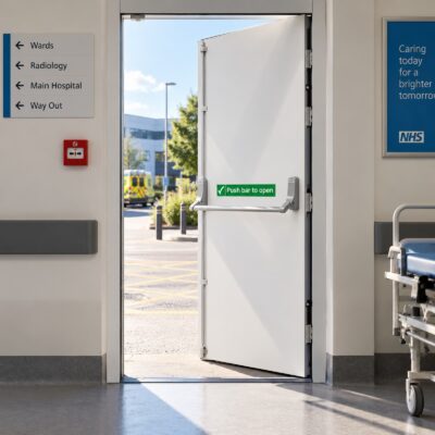 A white Security Steel Hinged Emergency Exit Door in a hospital