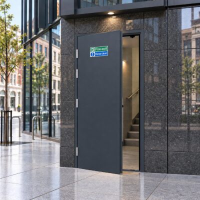 An anthracite grey high security fire exit door in an office building