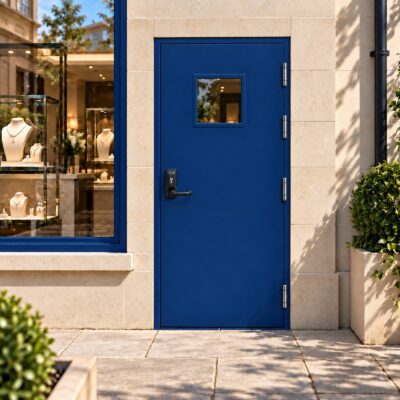 A blue high security fire exit door with OAD and vision panel