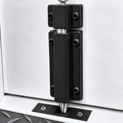 A close up shot of a bottom shoot bolt from a Latham's high security fire exit door