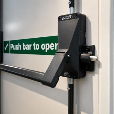 An Exidor 700 Series Panic Bar on a Latham's high security fire exit door
