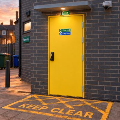 A traffic yellow high security fire exit door with an OAD