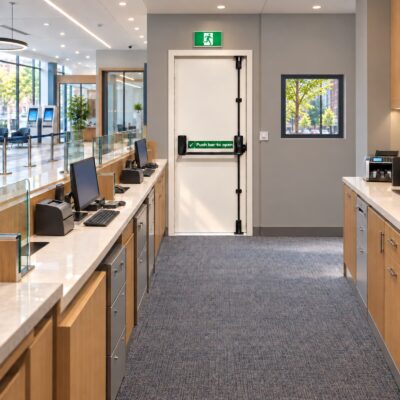 A Latham's white high security fire exit door in a bank