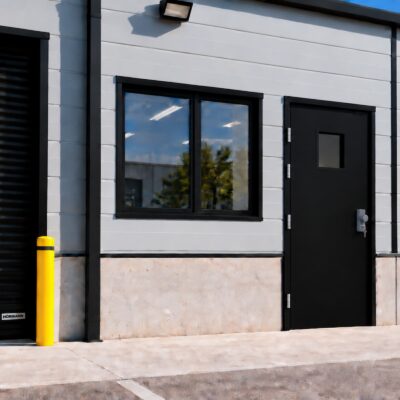 A Glazed black Fire Exit Door next to a black shutter