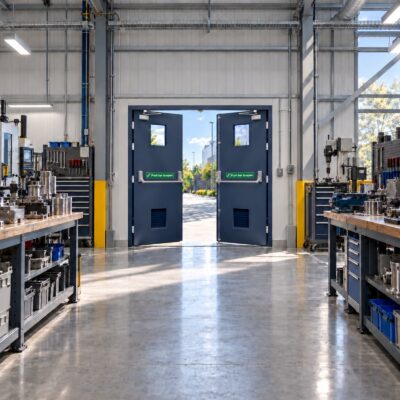 A set of blue Glazed Double Fire Exit Doors with a louvre panel in a factory setting