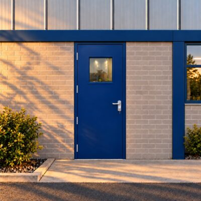 A Glazed Blue Fire Exit Door in a modern factory with an OAD