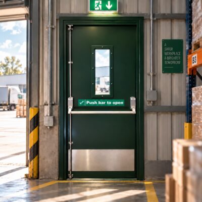 A green glazed Fire Exit Door with a slim vision panel