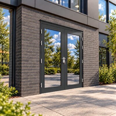A set of grey fully Glazed Double Fire Exit Doors