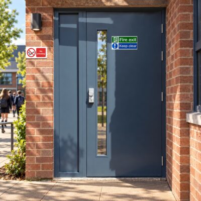 A glazed grey Fire Exit Door with an OAD
