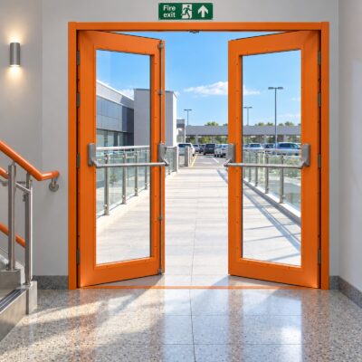 A set of Glazed Double Fire Exit Doors in orange with large vision panels