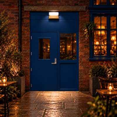 A blue glazed Fire Exit Door with a codelock OAD