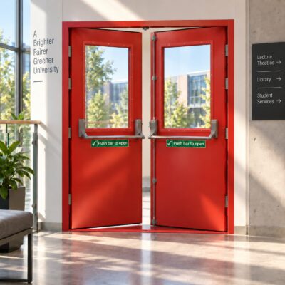 A set of red Glazed Double Fire Exit Doors installed in a university