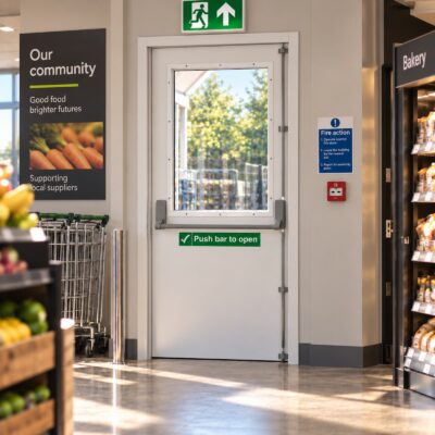 A glazed Latham's White Fire Exit Door in a supermarket