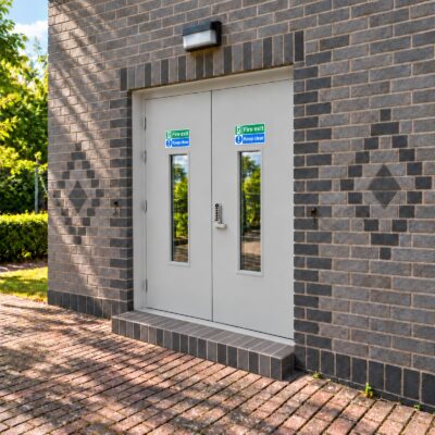 A white set of Glazed Double Fire Exit Doors complete with an OAD