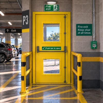 A glazed yellow Fire Exit Door with two glazed panels