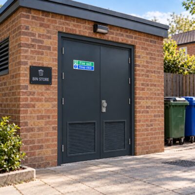 A set of grey louvred Double Fire Exit Doors with an OAD handle