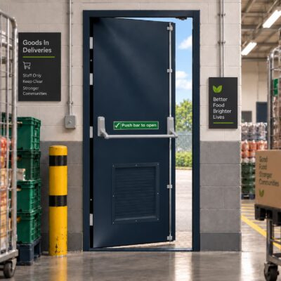 A louvred blue Fire Exit Door in a retail goods in section