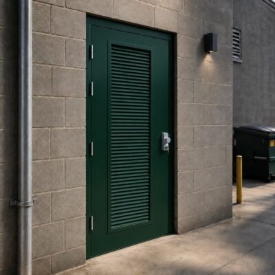 A louvred green Fire Exit Door with OAD handle