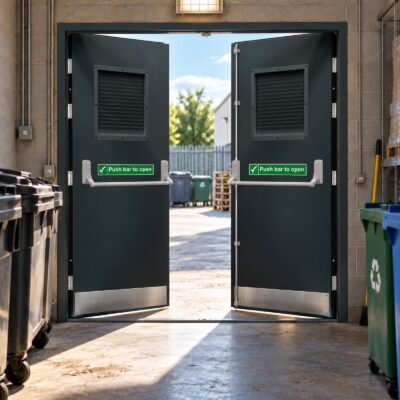A set of louvred grey Double Fire Exit Doors with kick plates