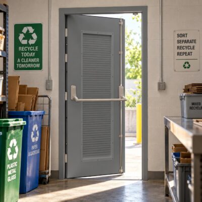 A louvred grey Fire Exit Door in a recycling centre
