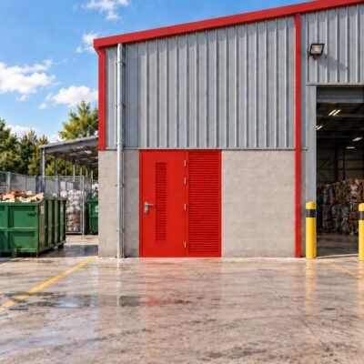 A louvred red Fire Exit Door with OAD and louvred side panel