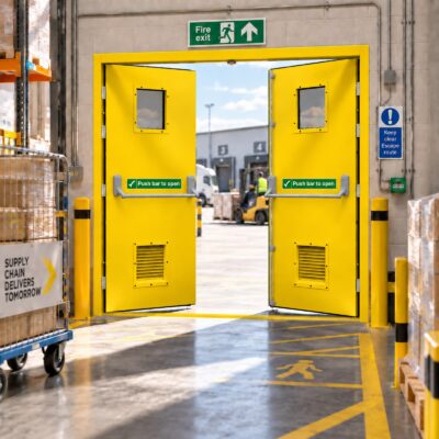 A pair of yellow louvred Double Fire Exit Doors with glazed panels