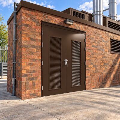 Louvred brown Double Fire Exit Doors with an OAD