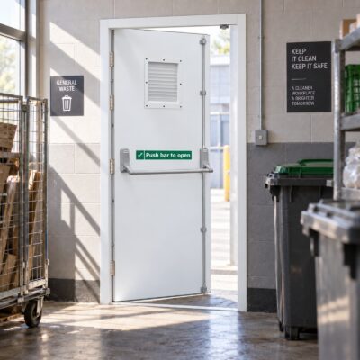 A louvred white Fire Exit Door in a bin store