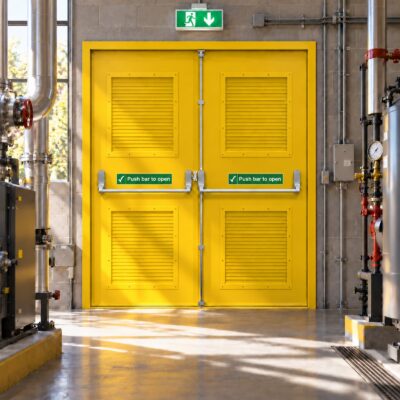 A pair of louvred yellow Double Fire Exit Doors with two louvre panels